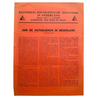 Originele Nederlandse NSB folder Aan de Katholieken in Nederland Anton Mussert propaganda Nationaal-Socialistische Beweging Utrecht.