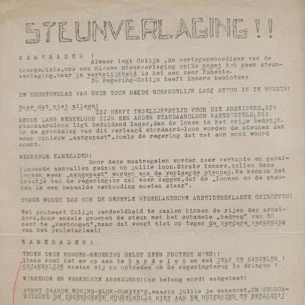 Origineel Nederlands jaren 30 pamflet Steunverlaging tegen regering-Colijn werklozensteun arbeidersklasse crisisjaren politiek document