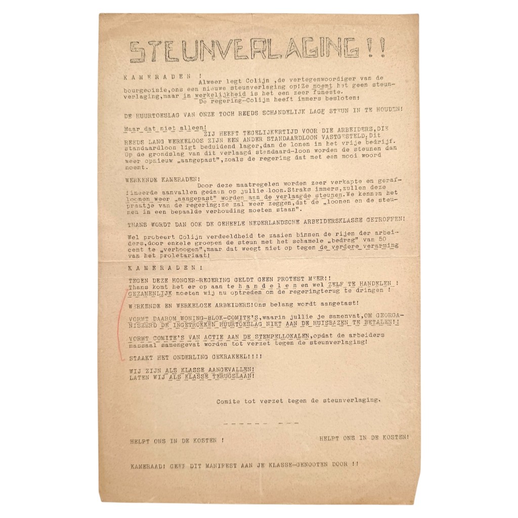 Origineel Nederlands jaren 30 pamflet Steunverlaging tegen regering-Colijn werklozensteun arbeidersklasse crisisjaren politiek document.