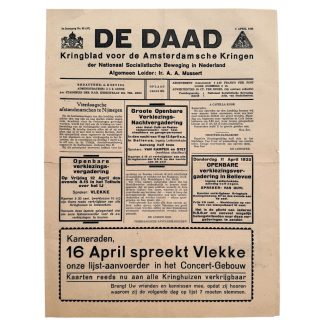 Originele NSB krant De Daad 4 april 1935 Amsterdam Anton Mussert Vlekke Lijst 7 Statenverkiezingen Noord-Holland NSB propaganda.