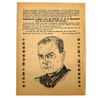 Originele NSB flyer 1937 tweede Hagespraak Lunterse Heide met Anton Mussert portret Stemt Mussert Nederlandse nationaalsocialistische propaganda.