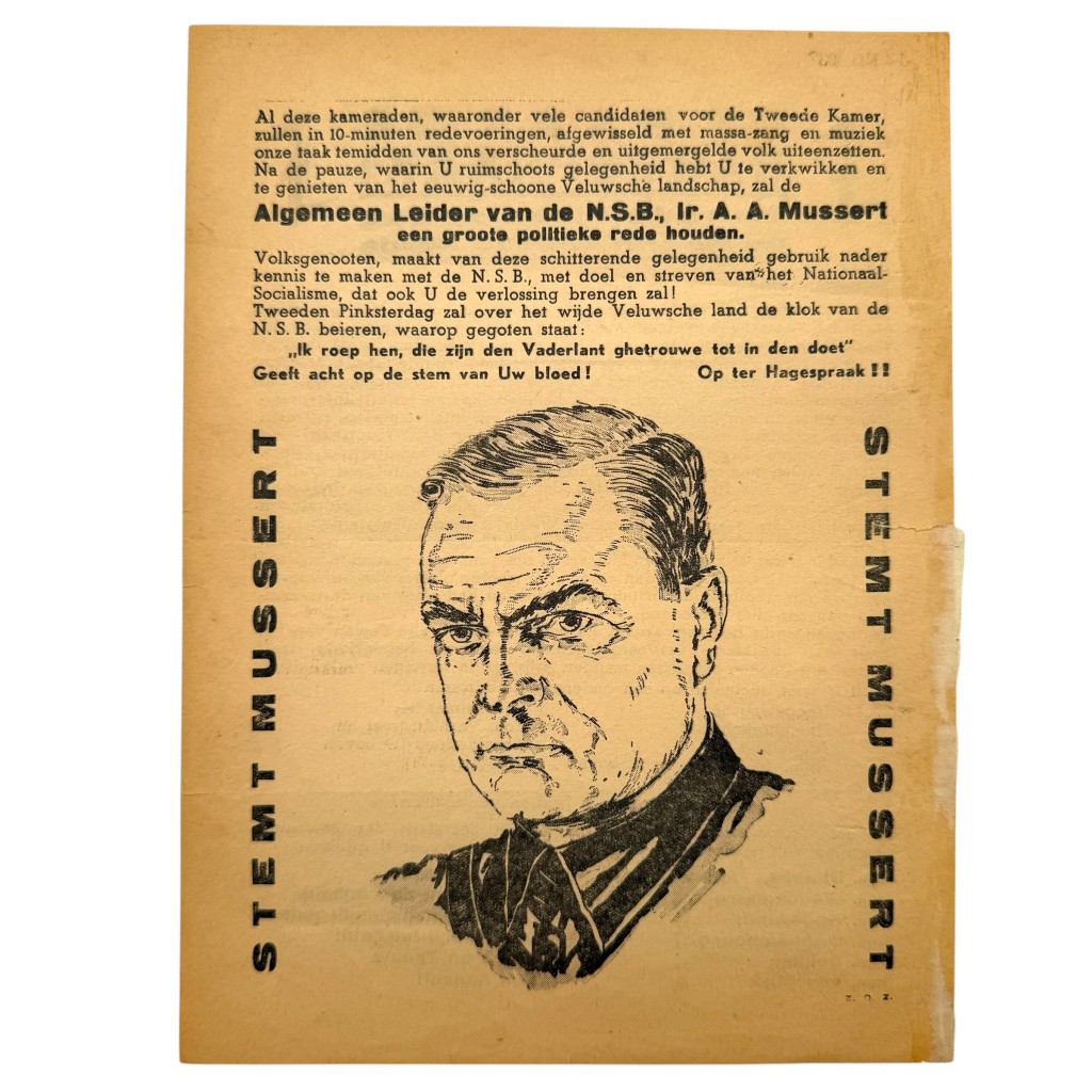 Originele NSB flyer 1937 tweede Hagespraak Lunterse Heide met Anton Mussert portret Stemt Mussert Nederlandse nationaalsocialistische propaganda.