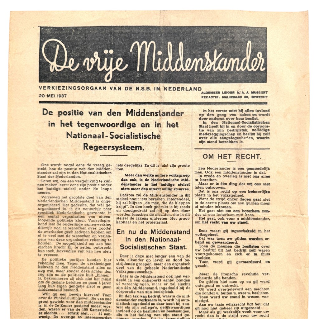 Original 1937 Dutch NSB election newspaper 'De vrije Middenstander'