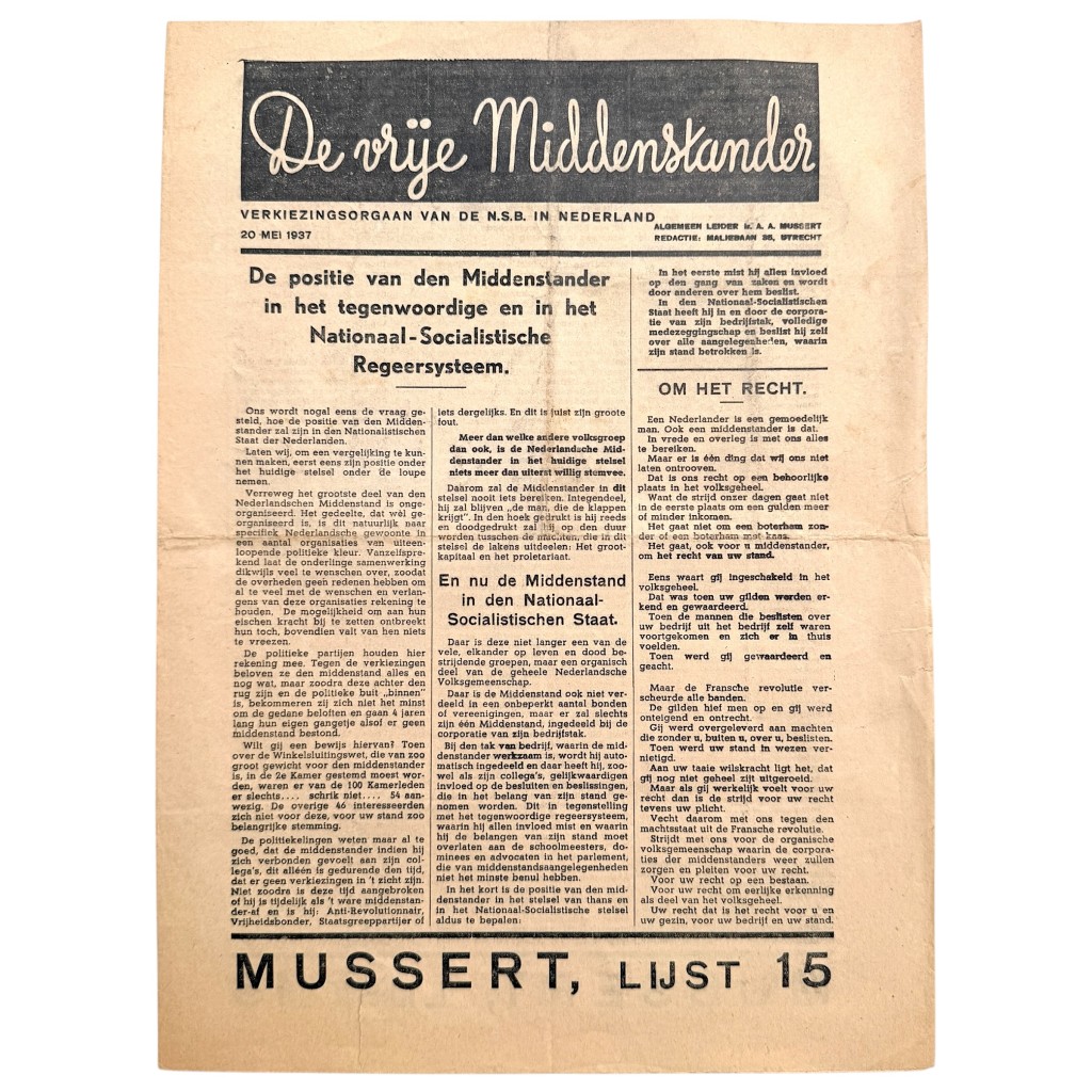 Original 1937 Dutch NSB election newspaper 'De vrije Middenstander'