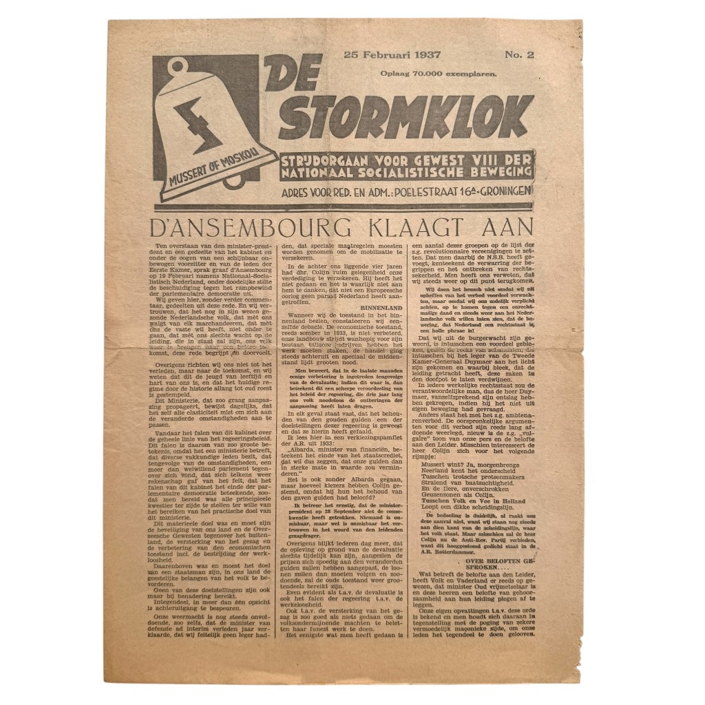 Original Dutch NSB De Stormklok newspaper February 25 1937 Groningen Anton Mussert National Socialist Movement pre-WWII propaganda.