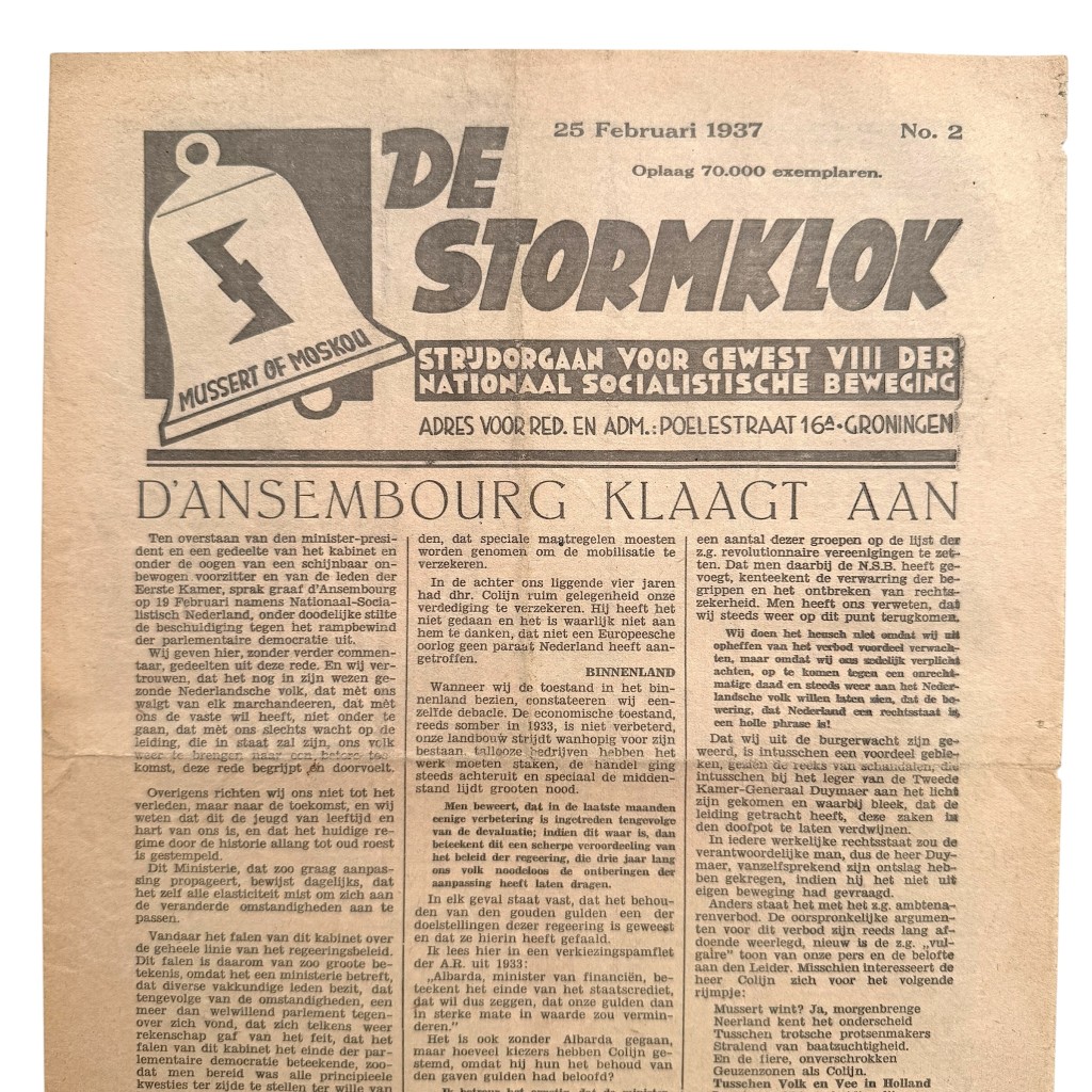 Original Dutch NSB De Stormklok newspaper February 25 1937 Groningen Anton Mussert National Socialist Movement pre-WWII propaganda.