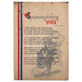 Origineel 1945 Nederlands kartonnen bord Spoorwegstaking 1944 met gedicht W. ter Haersche, Eisenhower en Nederlandse spoorwegen tijdens WWII.