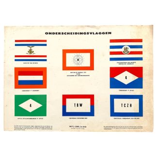 Originele jaren 1950 Nederlandse leger poster onderscheidingsvlaggen Koninklijke Landmacht commandanten militaire voertuigen 70 x 50 cm.