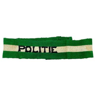 Originele pre 1940 Nederlandse Rotterdamse Burgerwacht Politie armband groen wit geweven politie uniform verzamelobject.