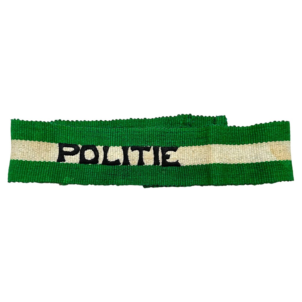 Originele pre 1940 Nederlandse Rotterdamse Burgerwacht Politie armband groen wit geweven politie uniform verzamelobject.
