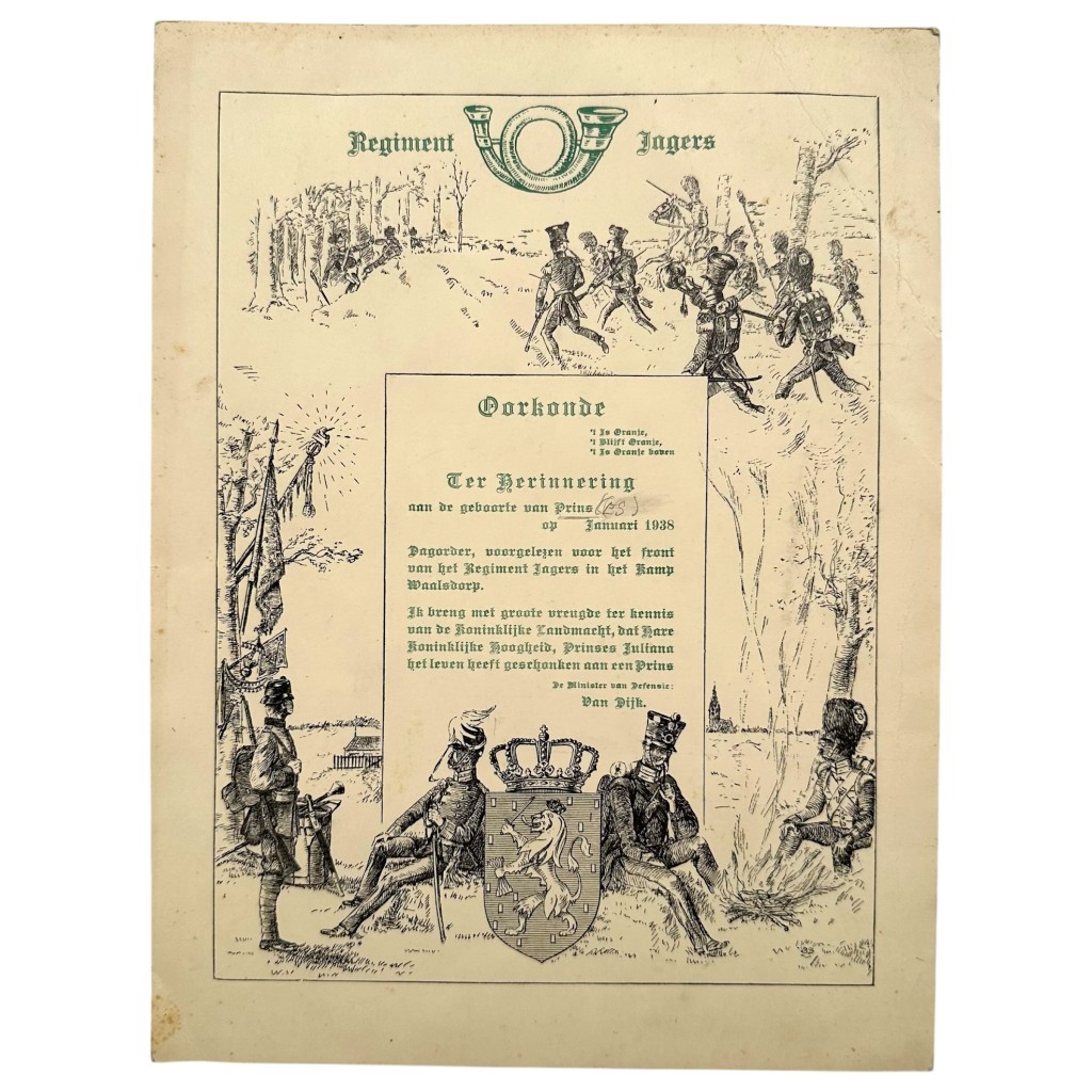 Original Pre 1940 Dutch army Regiment Jagers Waalsdorp commemorative certificate 1938 to mark the birth of Princess Beatrix