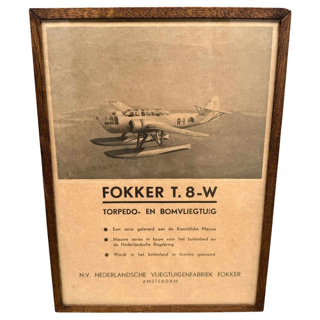 Originele vooroorlogse Nederlandse Fokker T.8-W torpedo bomvliegtuig reclameprent Koninklijke Marine ingelijst circa 1939.