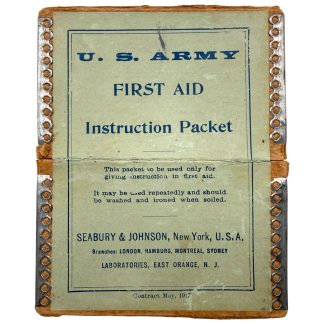 Original WW1 1917 US Army First Aid Instruction Packet by Seabury & Johnson New York for collectors of American military medical equipment.