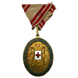 Original WW1 Austro-Hungarian Red Cross Bronze Merit Medal with War Decoration 1864-1914 and original white red triangular ribbon.