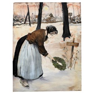 Original WWI French watercolour British soldier grave 1915 woman laying wreath First World War military trench art France 54 x 41 cm.