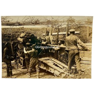 Original WWI German Army photo 21 cm Mörser heavy artillery with German soldiers loading the gun near Arras on the Western Front.