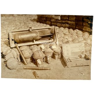 Original WWI German Army photo captured British Livens projectors with projectiles and military equipment at Kozowa on the Eastern Front.