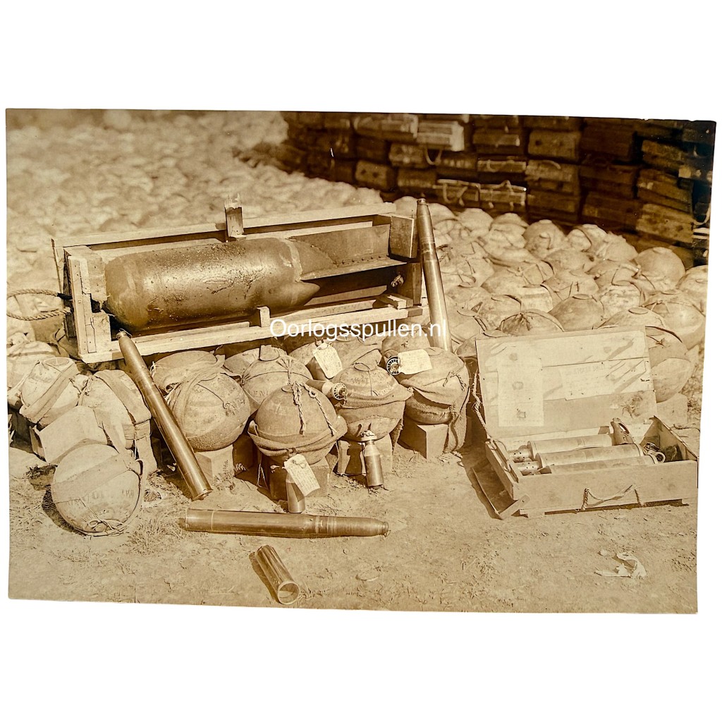 Original WWI German Army photo captured British Livens projectors with projectiles and military equipment at Kozowa on the Eastern Front.