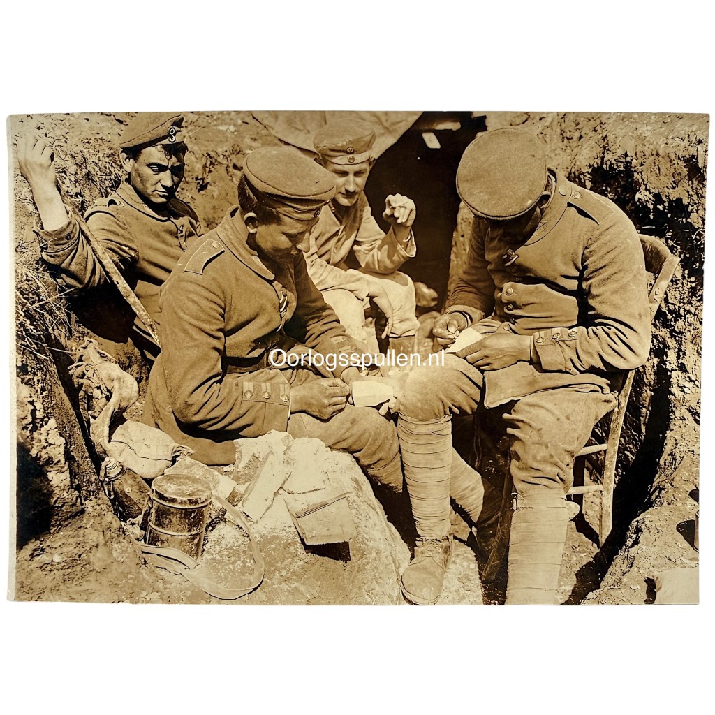 Original WW1 German Army photo soldiers making trench art souvenirs inside a trench between Arras and Lens on the Western Front.