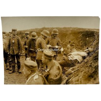 Original WWI German Army photo wounded soldier and German troops behind the frontline between Saint-Quentin and Laon on the Western Front.