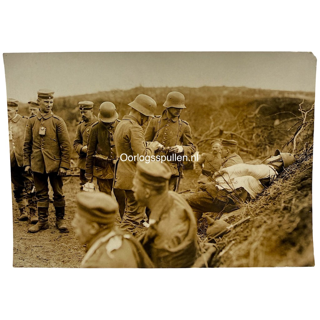 Original WWI German Army photo wounded soldier and German troops behind the frontline between Saint-Quentin and Laon on the Western Front.
