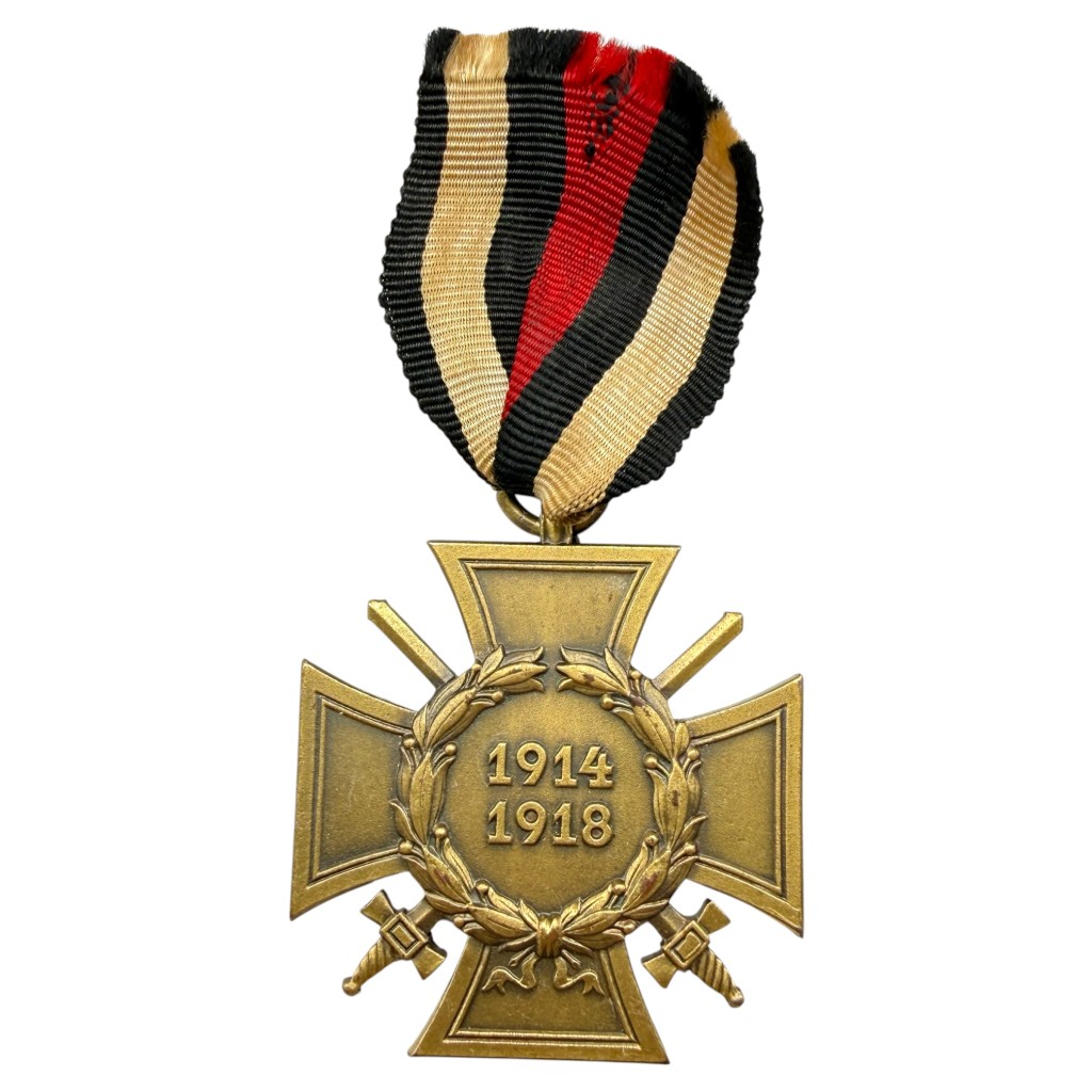 Original German Honour Cross for Frontline Fighters 1914-1918 Hindenburg Cross with swords and ribbon WWI veterans medal.