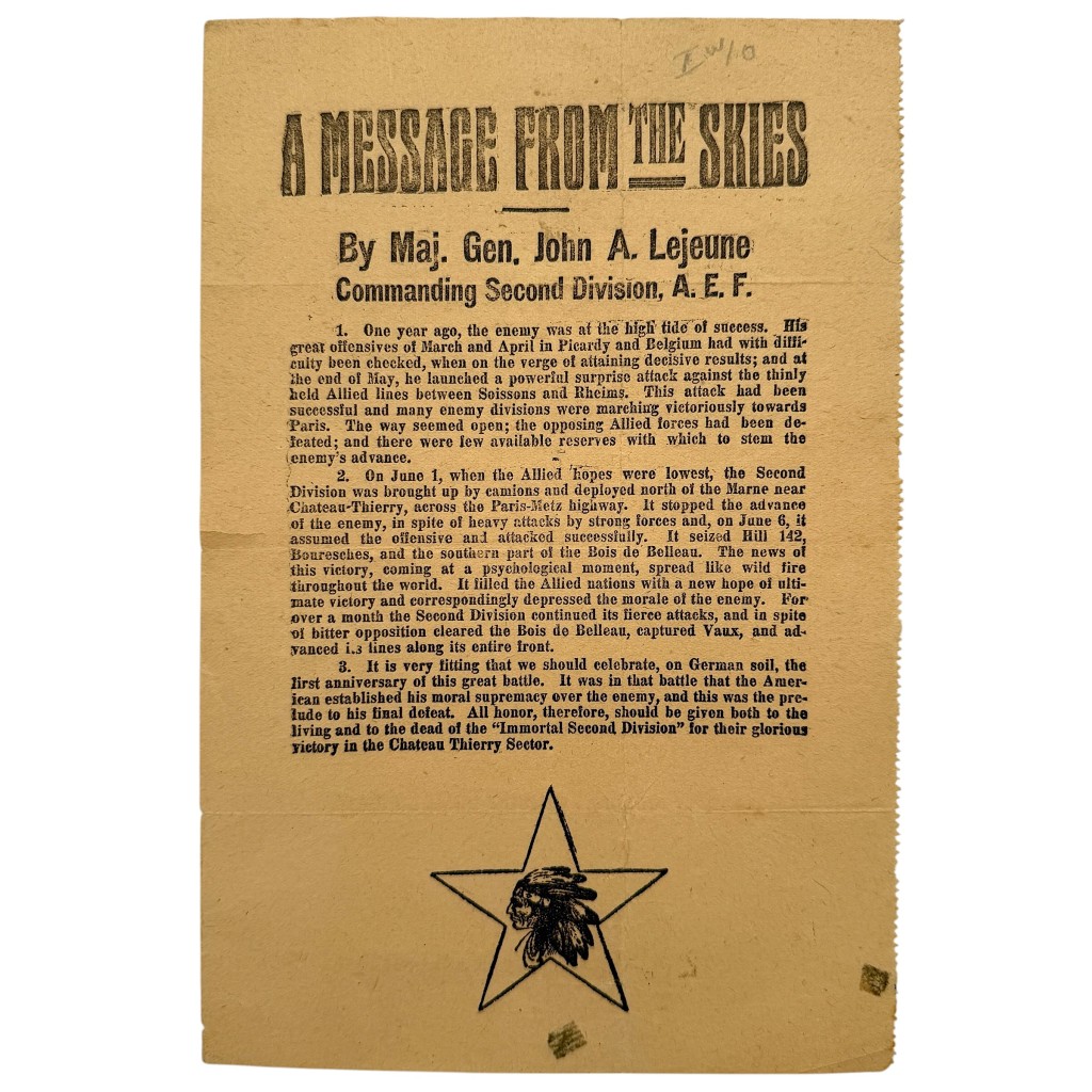 Original WW1 US 2nd Division Propaganda Leaflet 'A Message From the Skies' – John A. Lejeune