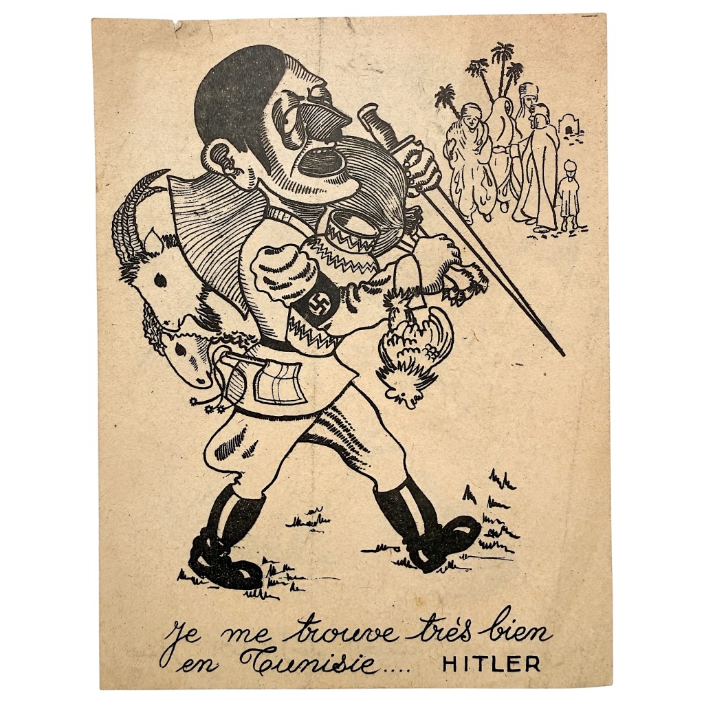 Rare original WWII Allied Arabic propaganda leaflet Tunisia North Africa with Adolf Hitler caricature and swastika from the Tunisia Campaign.