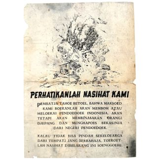 Original WWII Allied propaganda leaflet for Indonesia with bombing warnings for civilians during the Japanese occupation of the Dutch East Indies.