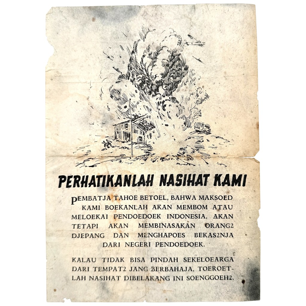 Original WWII Allied propaganda leaflet for Indonesia with bombing warnings for civilians during the Japanese occupation of the Dutch East Indies.