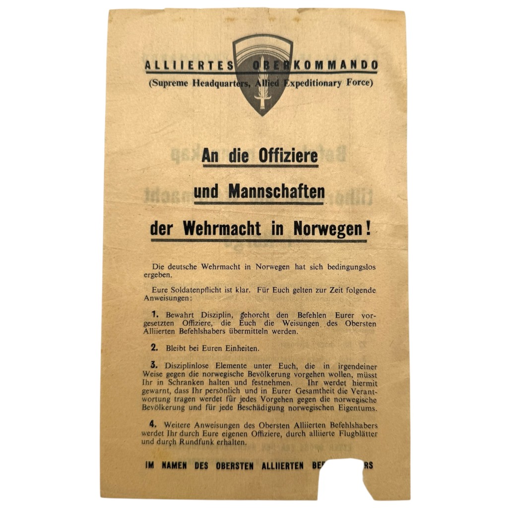 Original WWII Allied SHAEF propaganda leaflet German Wehrmacht surrender Norway 1945 bilingual German Norwegian N27