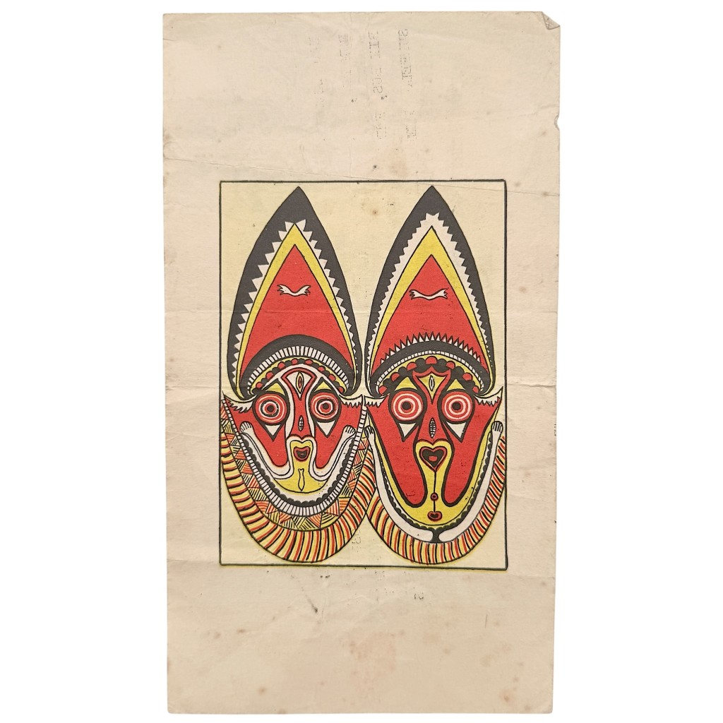 Rare original WWII Australian Tok Pisin propaganda leaflet New Guinea with Melanesian tribal masks against Japan during the Pacific War