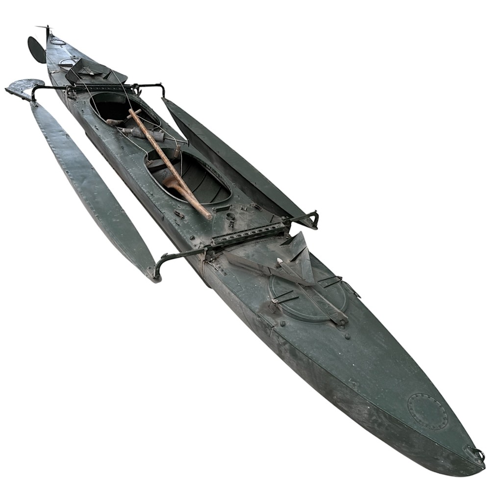 Extremely rare original WWII British Mk VII Cockleshell Canoe Special Forces Burma COPP SBS with outriggers paddles rudders pumps and stamps.