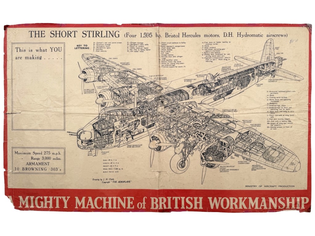 Original WWII British Short Stirling bomber poster Ministry of Aircraft Production technical cutaway RAF aviation militaria.