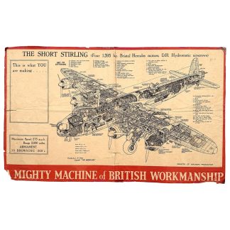 Original WWII British Short Stirling bomber poster Ministry of Aircraft Production technical cutaway RAF aviation militaria.
