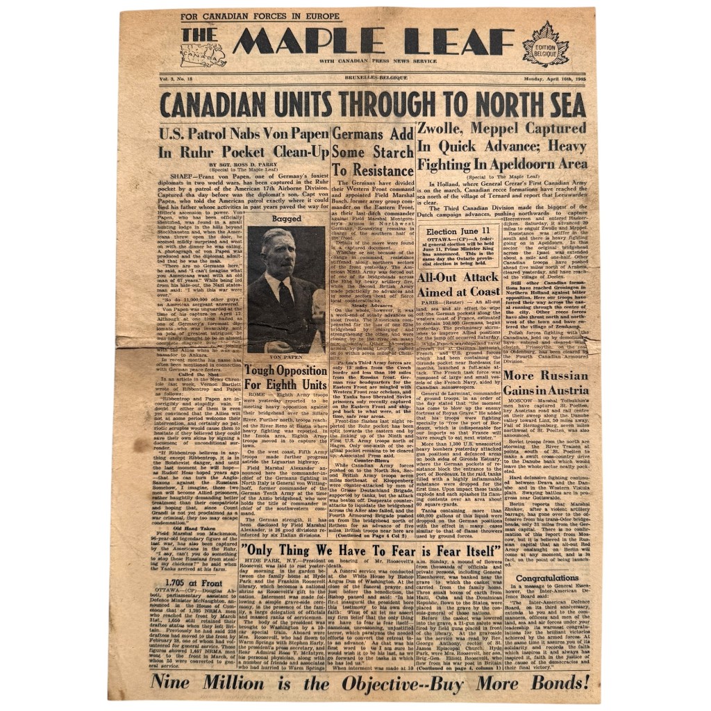 Original WWII Canadian The Maple Leaf newspaper April 16 1945 Apeldoorn Zwolle Meppel liberation Netherlands Canadian Army militaria.