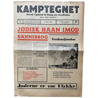 Original WWII Danish Kamptegnet No. 7 dated 3 July 1941, antisemitic collaboration and propaganda newspaper from occupied Denmark.