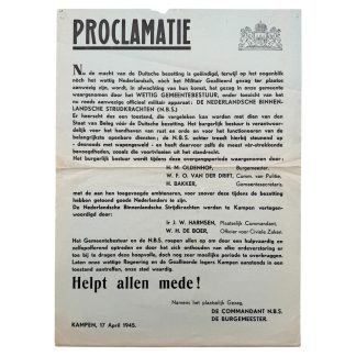 Originele WWII Nederlandse bevrijdingsposter Proclamatie Kampen 17 april 1945 Nederlandse Binnenlandsche Strijdkrachten NBS.