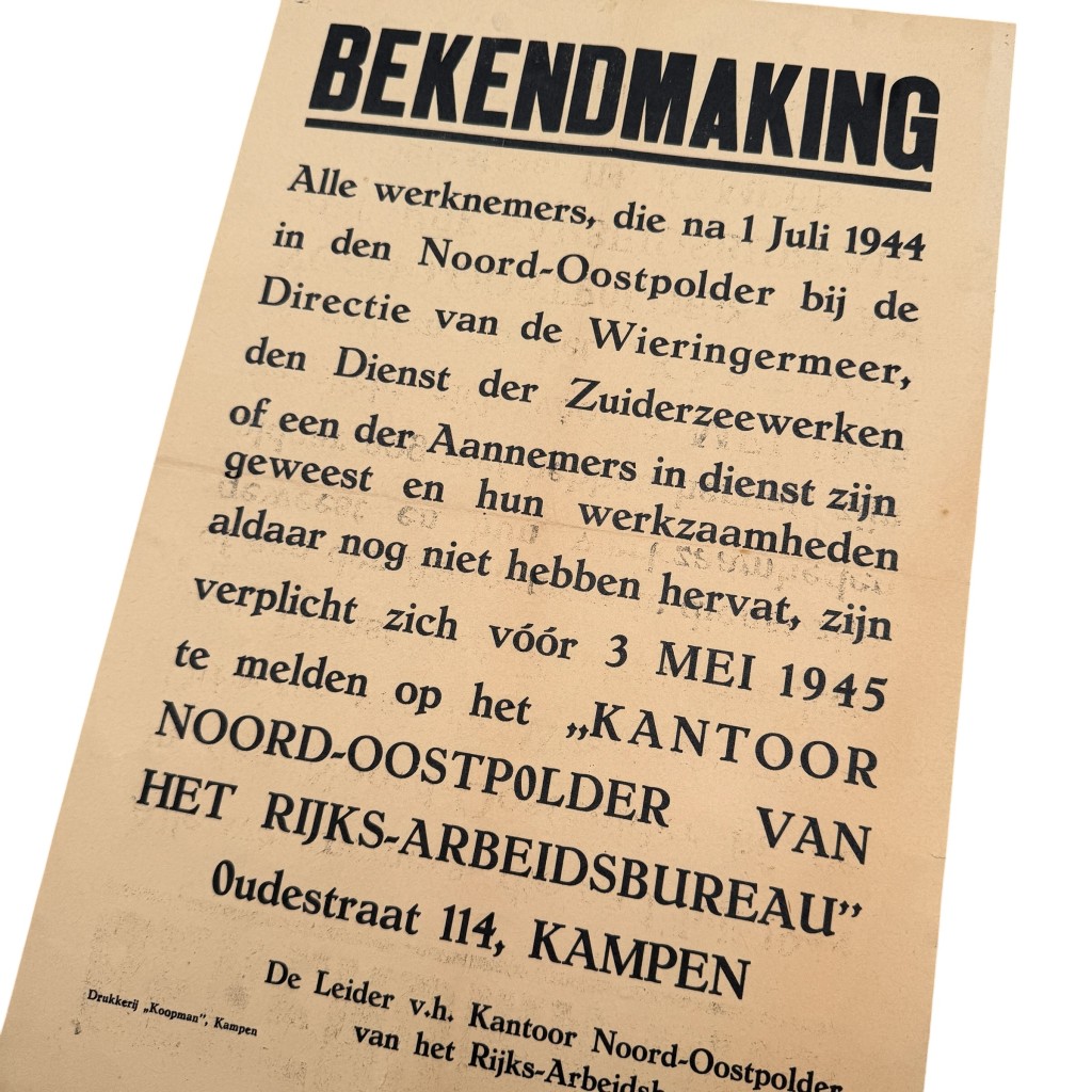 Originele WWII Nederlandse Rijks-Arbeidsbureau poster Noordoostpolder Kampen mei 1945 Zuiderzeewerken Tweede Wereldoorlog.