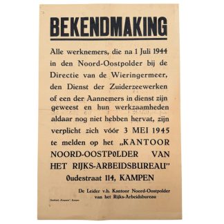 Originele WWII Nederlandse Rijks-Arbeidsbureau poster Noordoostpolder Kampen mei 1945 Zuiderzeewerken Tweede Wereldoorlog.