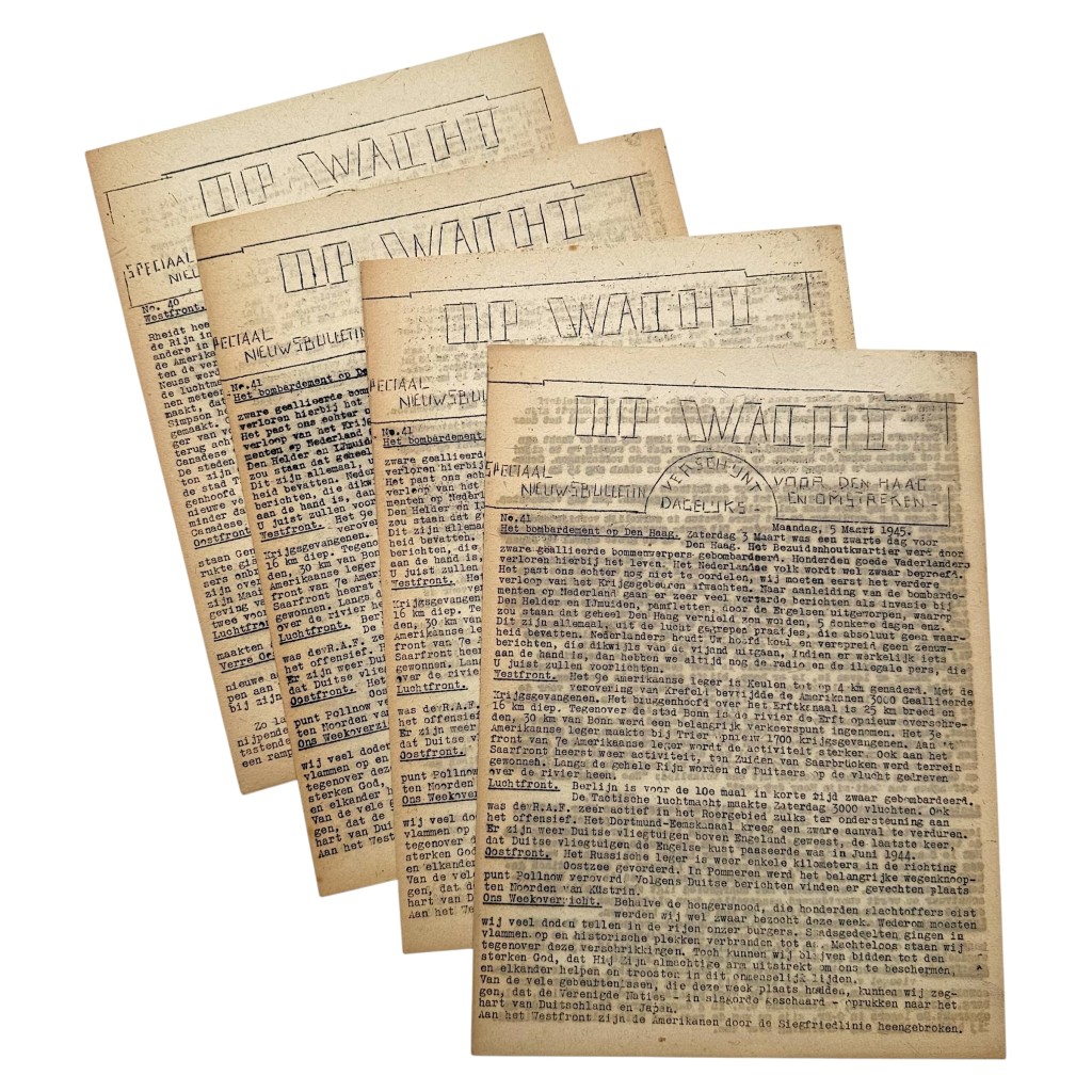 Originele WWII Nederlandse verzetskrant Op Wacht nummer 41 Den Haag 5 maart 1945 bombardement Bezuidenhout illegale ondergrondse krant