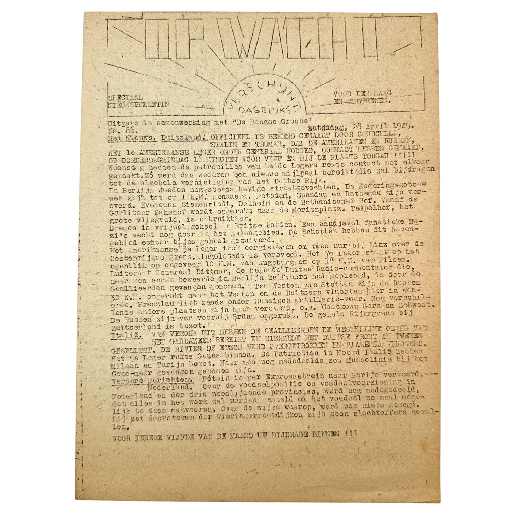 Original WWII Dutch Resistance Newspaper 'Op Wacht' No. 86 The Hague April 28 - 1945 Underground Newspaper
