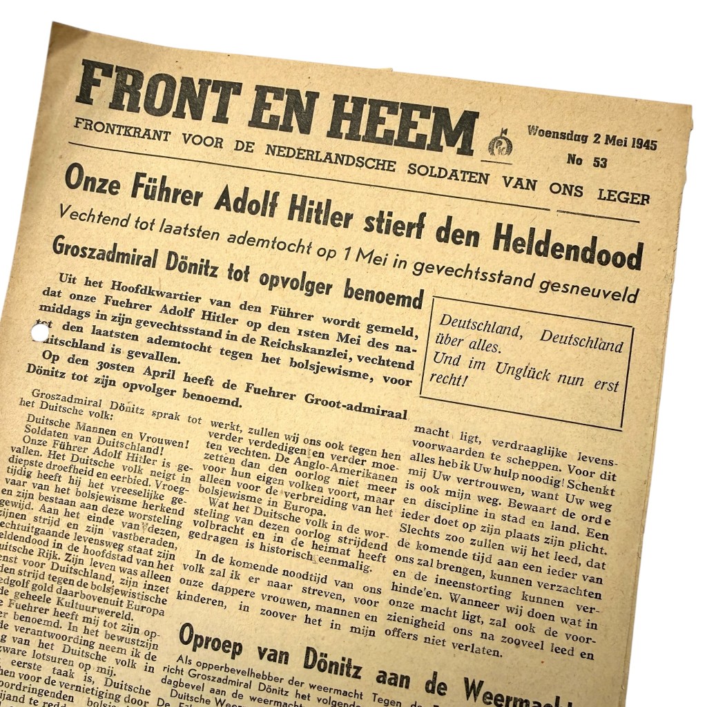 Original WWII Dutch Waffen-SS volunteer newspaper Front en Heem 2 May 1945 Death of Adolf Hitler!