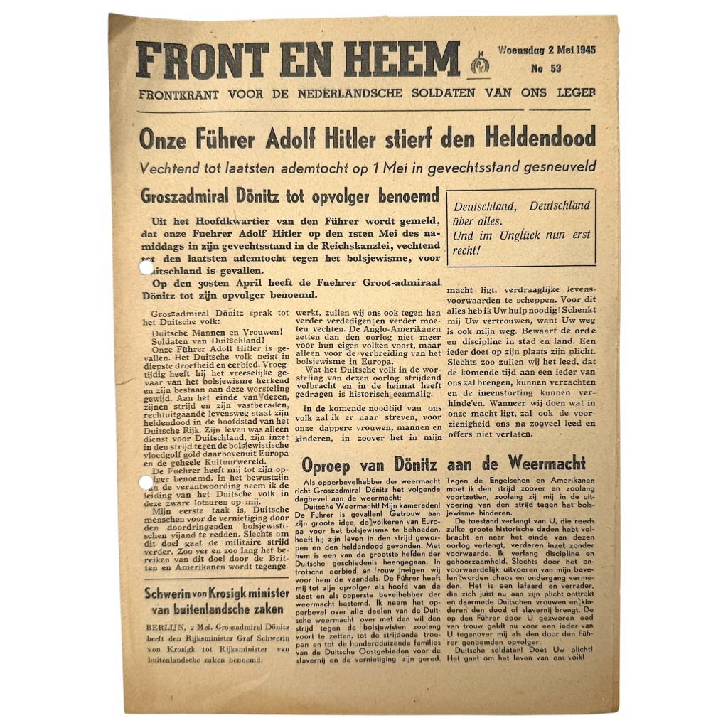 Original WWII Dutch Waffen-SS volunteer newspaper Front en Heem 2 May 1945 Death of Adolf Hitler!.