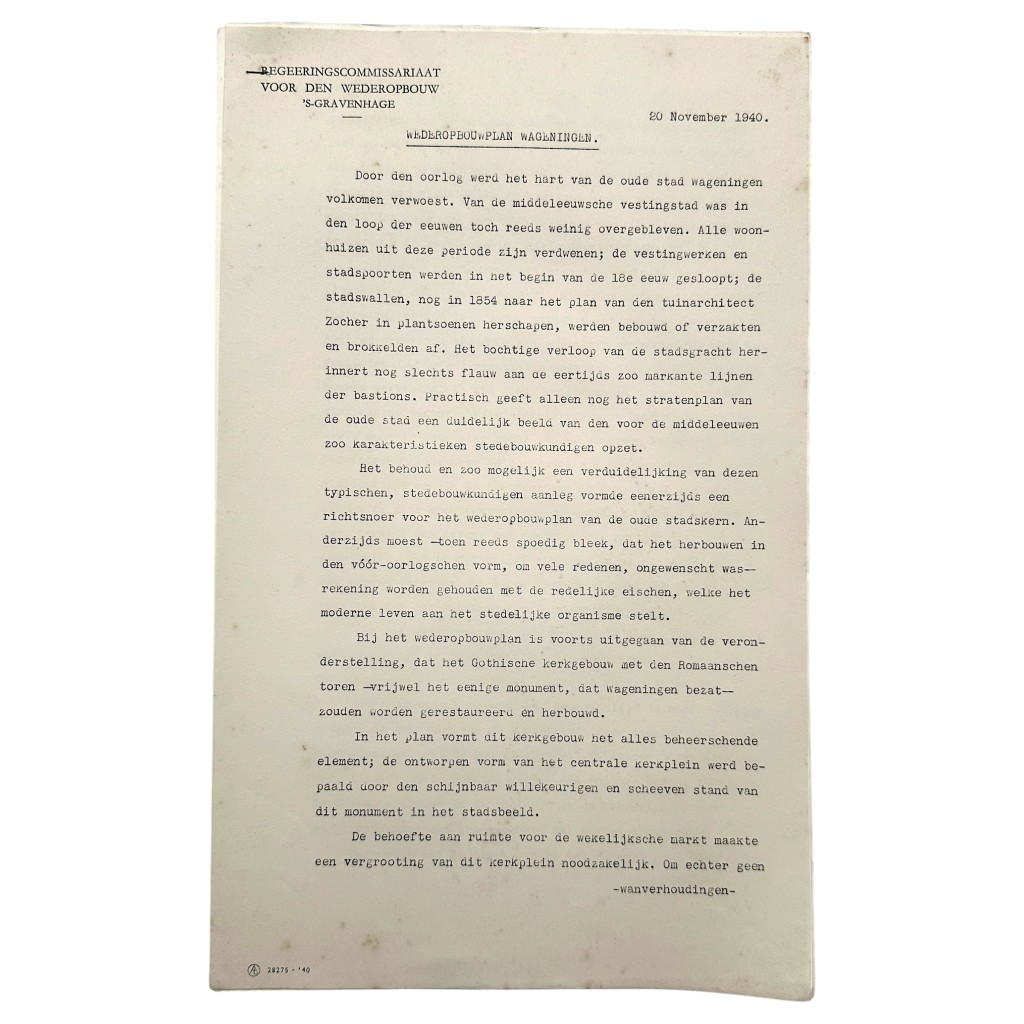 Origineel Nederlands WWII wederopbouwplan Wageningen 20 november 1940 Regeringscommissariaat voor den Wederopbouw document.