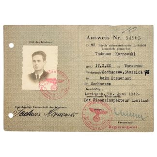 Original WWII Generalgouvernement Personalausweis Tadeusz Kornowski Tax Office Sochaczew 1942