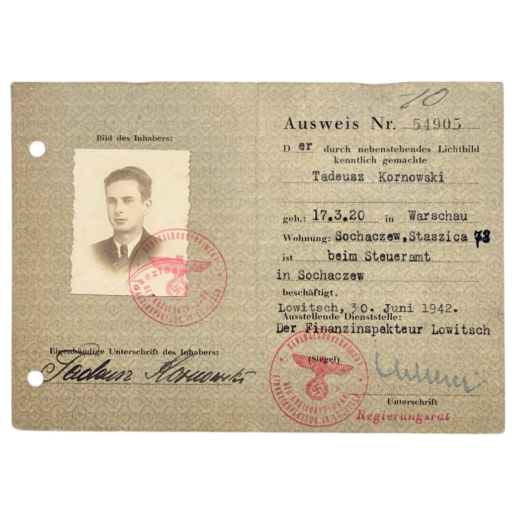 Original WWII Generalgouvernement Personalausweis Tadeusz Kornowski Tax Office Sochaczew 1942