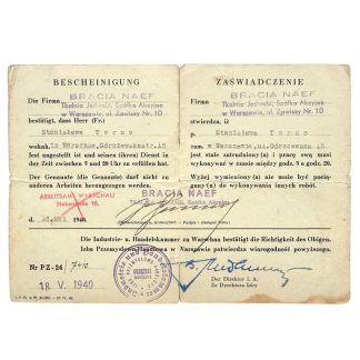 Original WWII German Arbeitsbescheinigung Stanisława Torno Warsaw Occupied Poland 1940