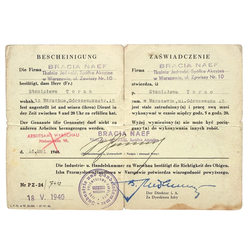 Original WWII German Arbeitsbescheinigung Stanisława Torno Warsaw Occupied Poland 1940