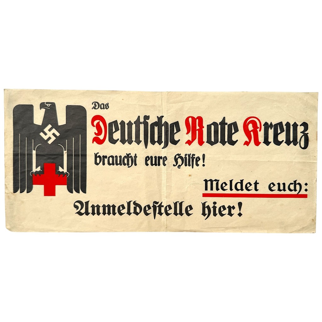 Original WWII German DRK Deutsches Rotes Kreuz recruitment poster with eagle swastika and Red Cross emblem for militaria collectors.